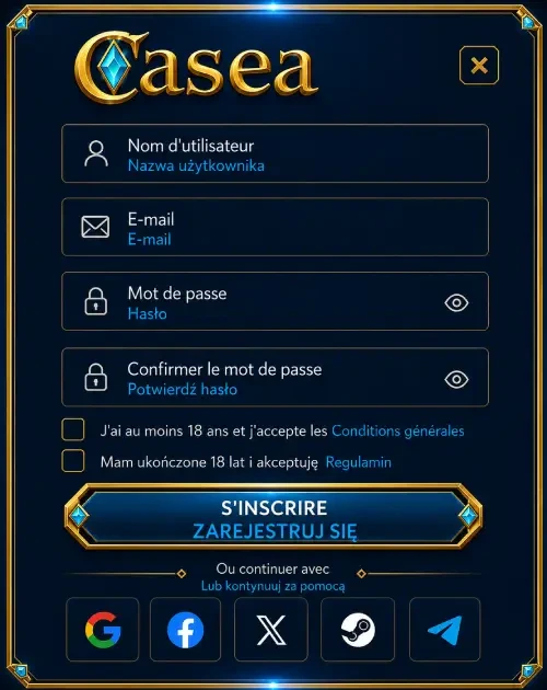 Ecran d'inscription : identifiant, courriel, mot de passe et connexion via reseaux sociaux.