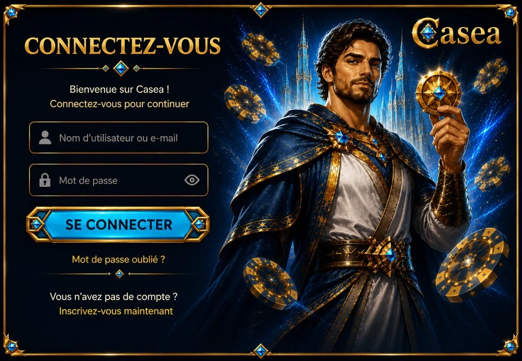 Casea login : entrez votre identifiant ou e-mail et votre mot de passe sur la plateforme officielle Casea Casino